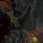 The Bridge in its assembled state. The two triggers in red react to the player, controlling the timing of the bridge pieces going up or down. The collision box in yellow is to help the AI pathing.